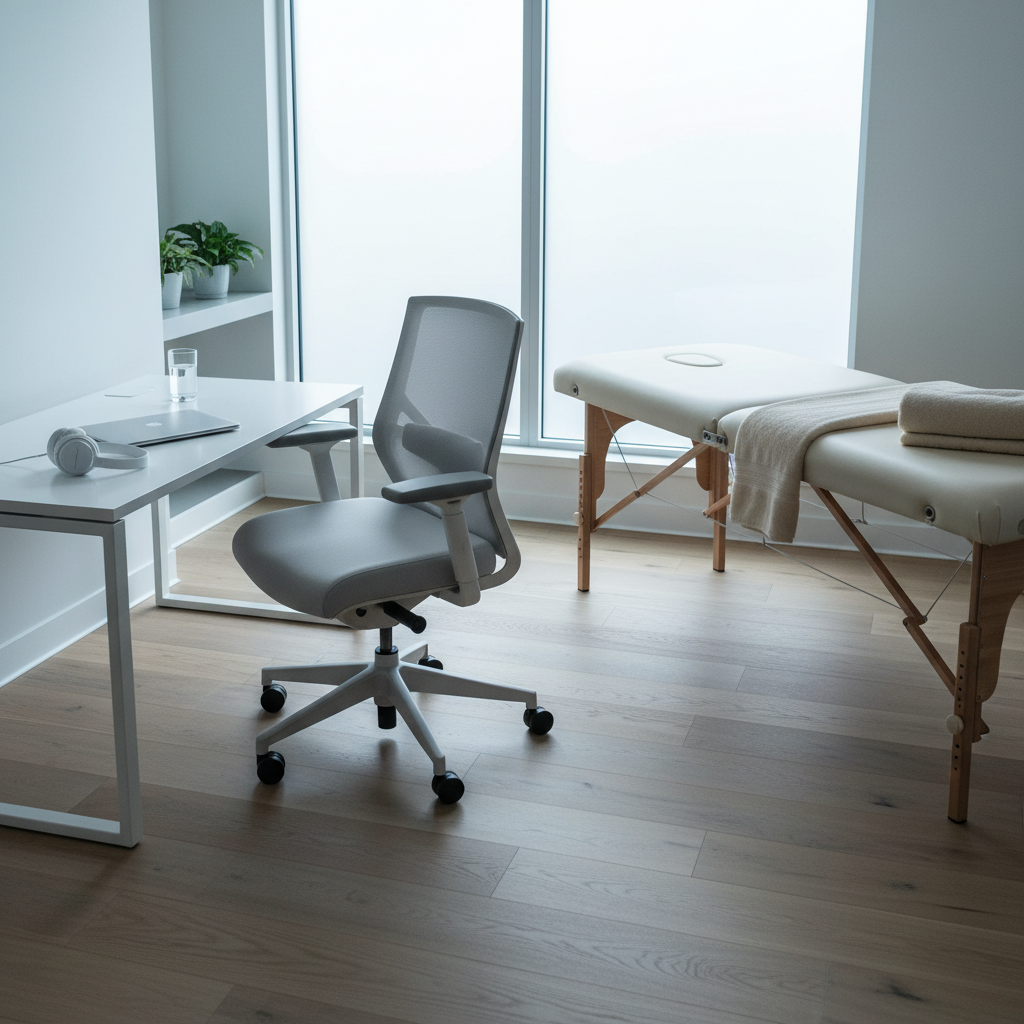 An elegant workspace recovery scene showing an adjustable office chair slightly pushed back from a streamlined desk, with a portable massage table set up nearby, both on a smooth, light hardwood floor. A laptop sits closed, and a simple glass of water and wireless headphones rest neatly arranged, suggesting a break from desk work for massage therapy. Cool, overcast daylight filters in from a large window, creating a soft, even glow that reduces harsh contrast. Photographic realism, captured from a slightly elevated angle, with a calm, spacious composition that highlights relief from everyday tension for desk workers in a clean, contemporary environment.