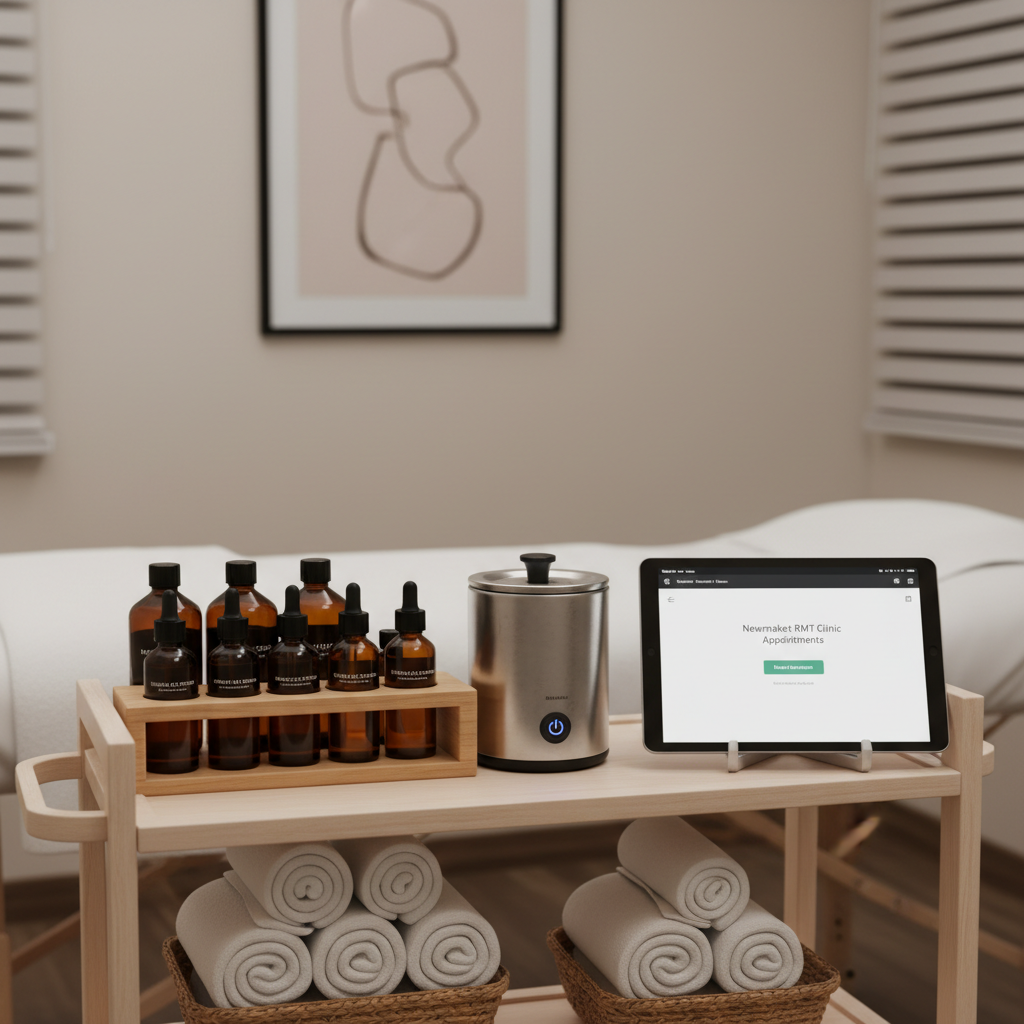 A serene, detail-rich close-up of a massage therapist’s workstation beside a treatment table: a smooth ash-wood trolley holding organized amber oil bottles, a stainless-steel lotion warmer, rolled white cotton towels, and a discreet digital tablet for online booking. The background suggests a Newmarket clinic room with a framed abstract print and a hint of a window blind. Warm, diffused artificial lighting from a hidden ceiling source casts soft, clean shadows, evoking efficiency and calm. Photographic realism, shot from a slightly elevated angle with crisp focus on the tools, illustrating the sophistication, professionalism, and seamless technology integration of a modern registered massage therapy practice.