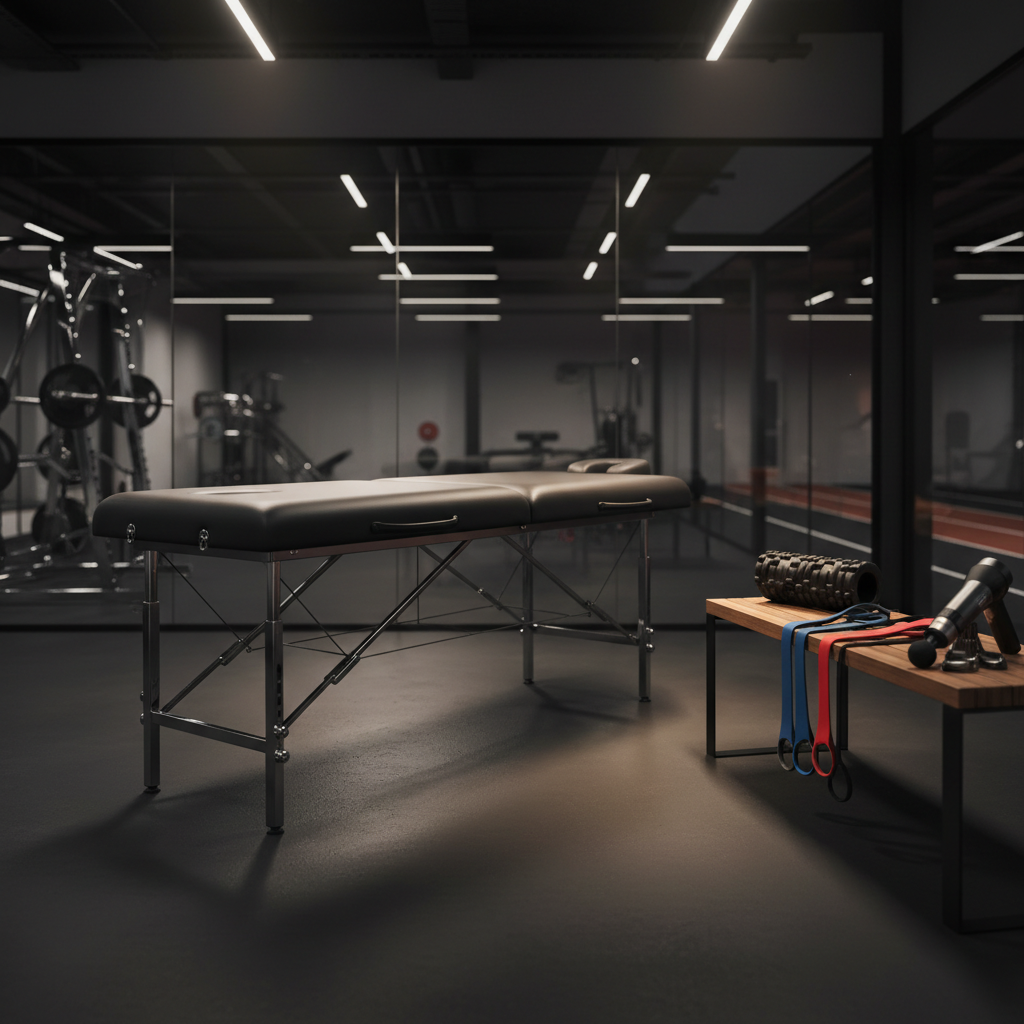 A premium sports recovery space featuring a dark graphite massage table set against a backdrop of a modern athletic facility. On a nearby bench, neatly arranged foam rollers, resistance bands, and a massage gun subtly suggest high-performance care for runners and team-sport athletes. The floor is a matte rubber surface with a faint reflection of the table’s metal legs. Directional overhead lighting creates a focused pool of light on the table while leaving the background slightly subdued, adding drama. Photographic realism, shot at a low angle with moderate depth of field, conveying a sophisticated, professional environment for therapeutic massage tailored to active bodies.