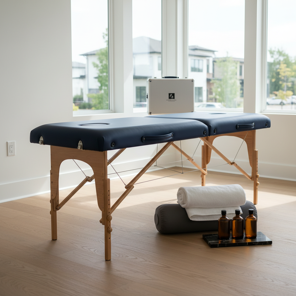 A refined home-based mobile massage setup arranged in a bright, contemporary living room, with a portable professional massage table in deep navy upholstery centered on a pale oak floor. A neatly rolled towel, understated bolster, and minimalist tray with oil bottles rest at the table’s end. In the background, a sleek, closed massage equipment case leans against a wall, hinting at mobile service. Soft natural light from large windows in an Aurora neighborhood creates a calm, airy glow, with shadows gently grounding the scene. Photographic realism, composed using the rule of thirds, conveying the convenience and sophistication of mobile massage for busy, active lifestyles.