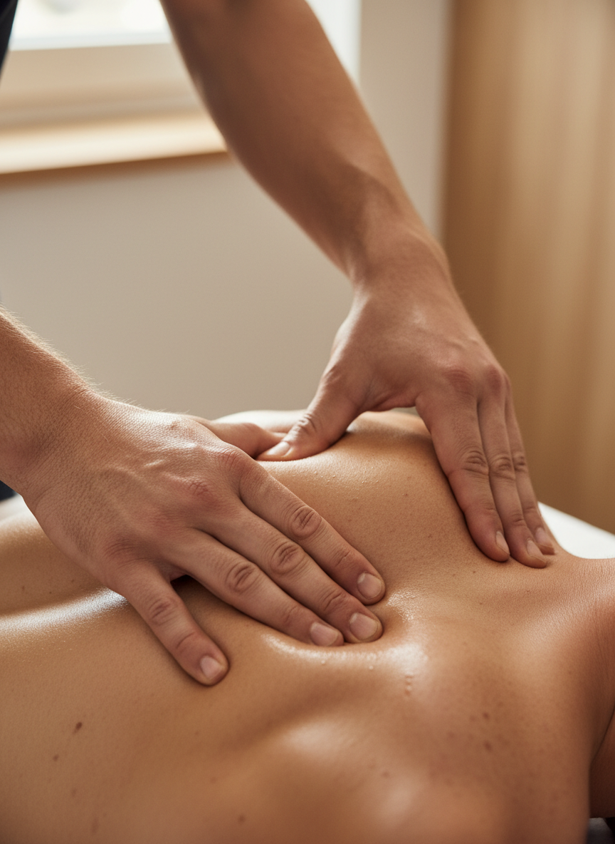 A close-up, photographic-realistic view of a pair of strong, professional hands performing precise massage techniques on a well-defined shoulder and upper back, focusing only on the hands and musculature. The skin shows subtle tension and relaxation, with clearly defined muscle contours suggesting an athletic client who trains frequently. The background is softly blurred, hinting at a minimalist treatment room with warm neutral tones and clean lines. Soft, directional studio lighting from the side creates refined highlights on the hands and subtle shadows in the muscle structure. Shot with a shallow depth of field, the mood is clinical yet soothing, emphasizing skilled, registered massage therapy care for performance and recovery.