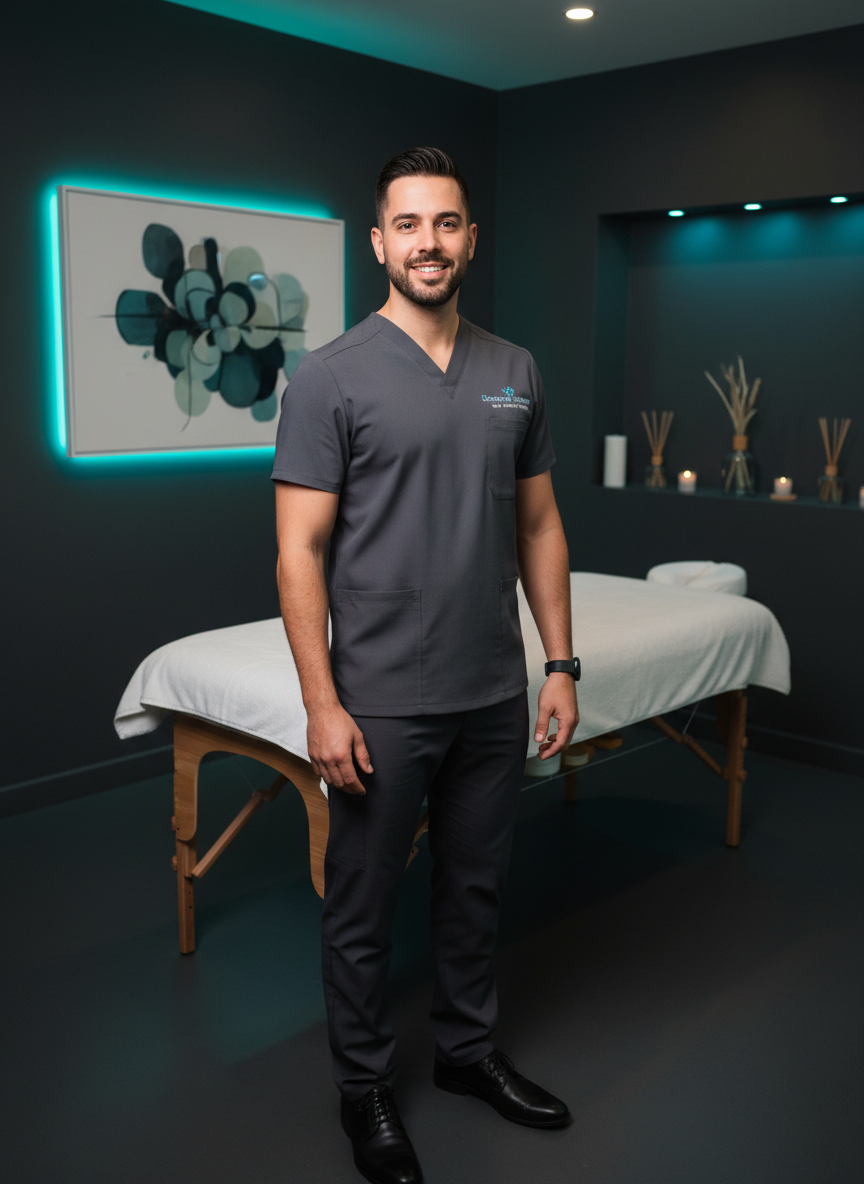 Tim Vilayphanh, Registered Massage Therapist, in a modern treatment space