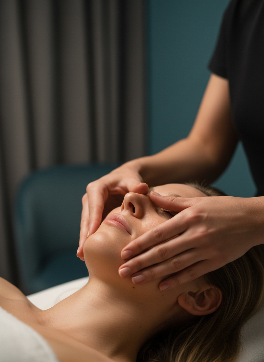 A massage therapist performing precise jaw and temple release technique on a relaxed client in a modern, warmly lit premium treatment room, conveying expertise in TMJ and jaw tension relief.